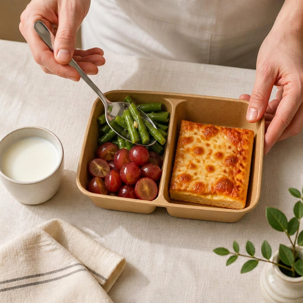 Chef portioning fresh organic vegetables into meal containers